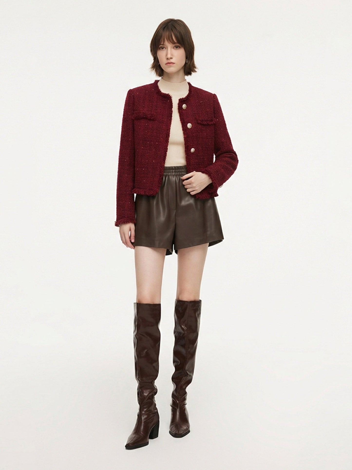 Wool Blend Tweed Sequins Fringe Trim Women Jacket