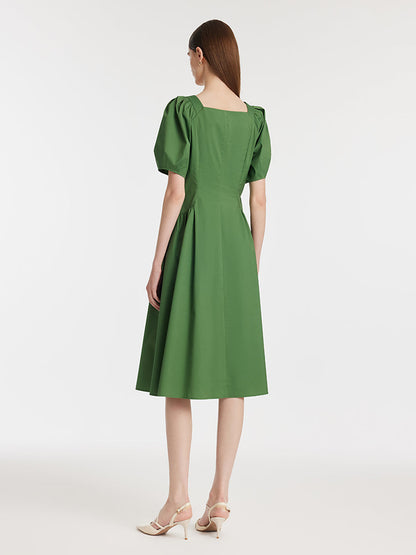 Square Neck Puff Sleeves Women Midi Dress