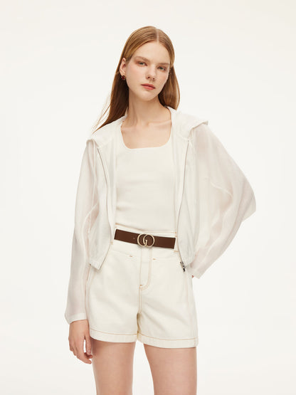 Tencel Acetate Linen Blend Women Zip-Up Hooded Cropped Jacket