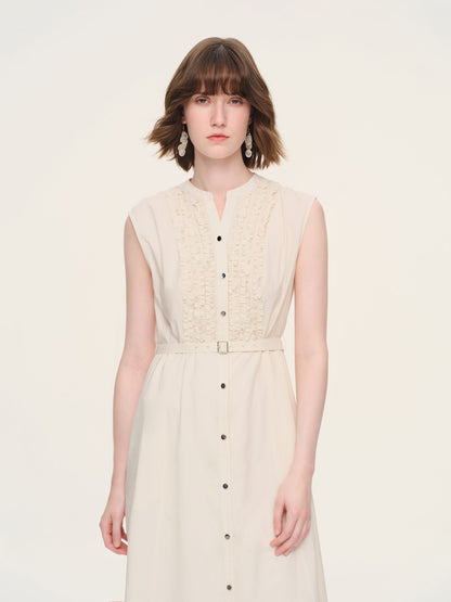 100% Cotton Gather-waisted Women Cap Sleeve Maxi Dress With Two Belts