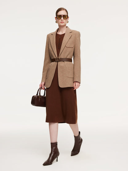 Tencel Wool Blend Women Midi Dress With Leather Belt