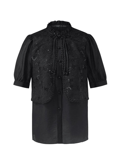 New Chinese-Style Lace Sequins Patchwork Women Blouse