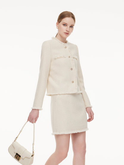 Wool Blend Tweed Fringe Trim Women Jacket