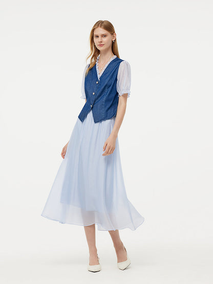 Denim Lyocell Patchwork Crop Jacket And Skirt Two-Piece Set