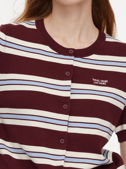 Tencel Blend Multicolored Stripe Letter Embroidered Women Cardigan