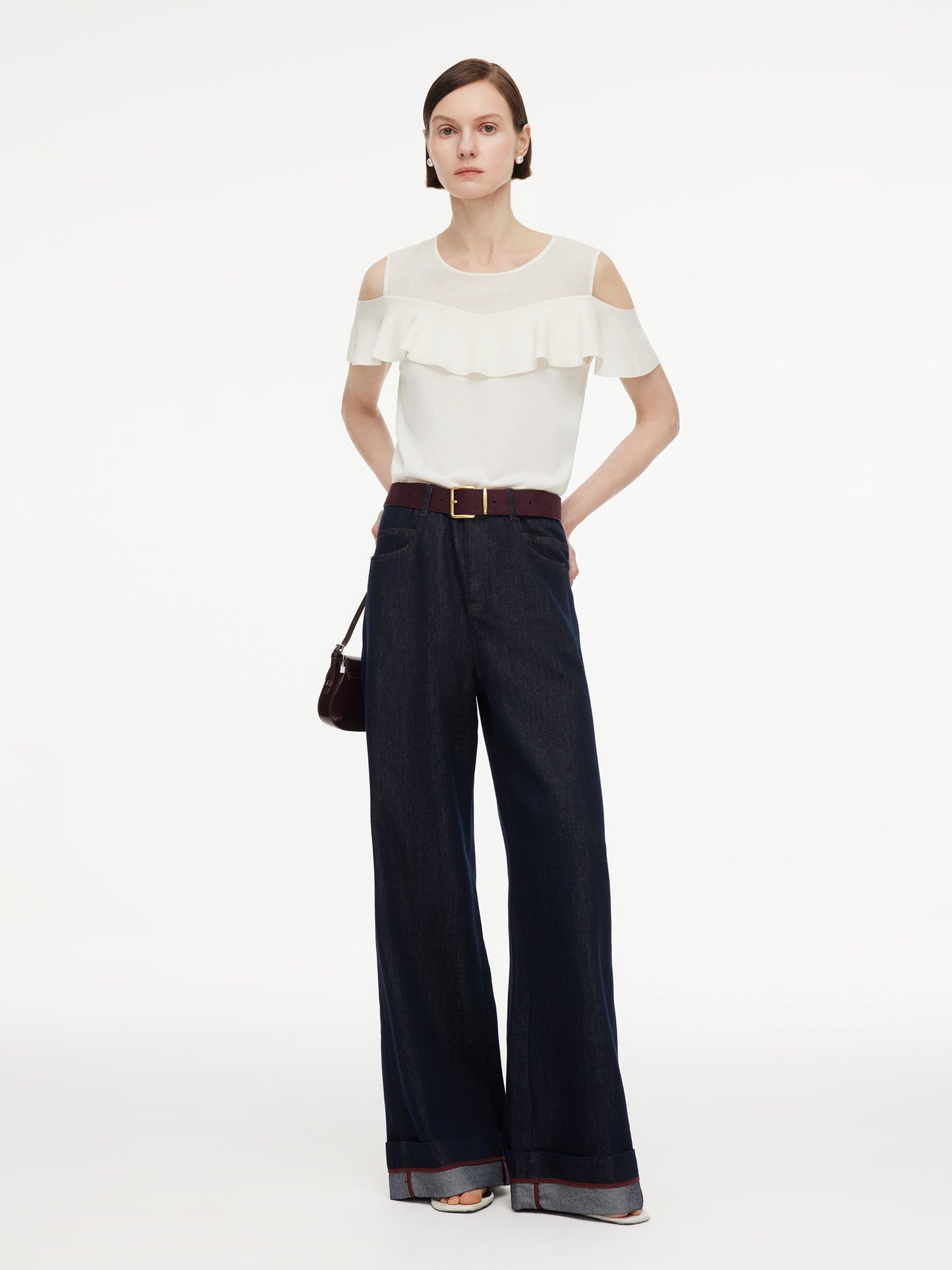 Tencel Blend Ruffle Cold Shoulder Women Knit Top