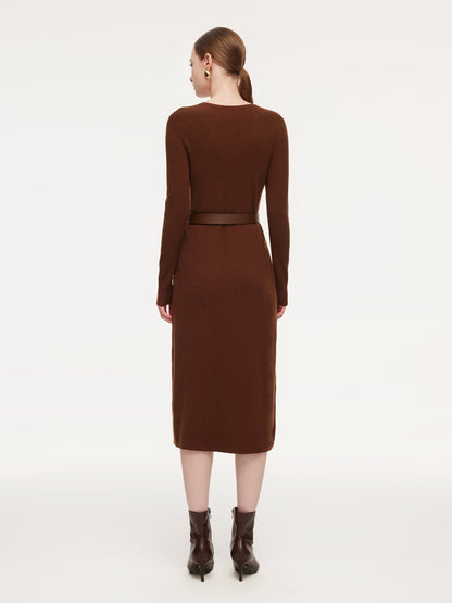 Tencel Wool Blend Women Midi Dress With Leather Belt