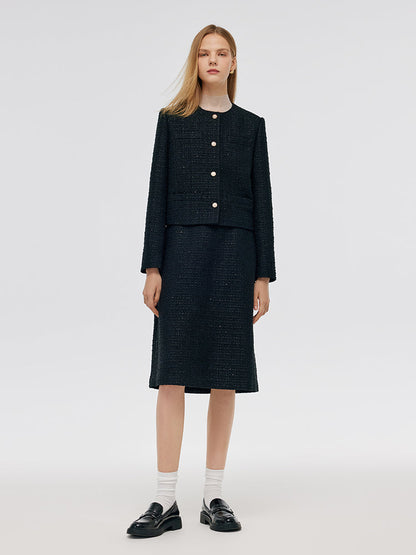 Tweed Crop Jacket And A-Line Skirt Two-Piece Set With Detachable Contrast Collar