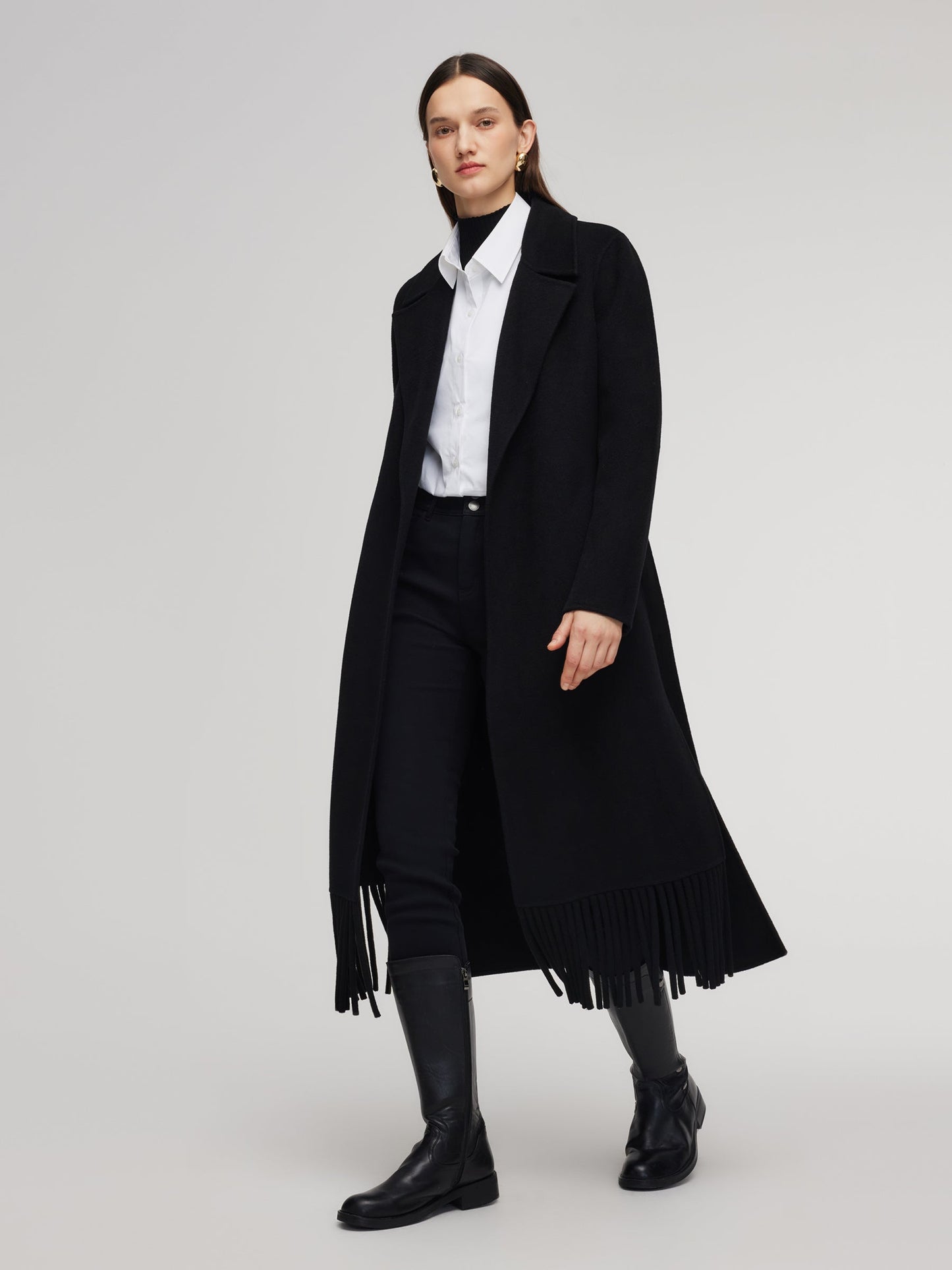 Cashmere Wool Blend Fringe Hem Women Wrap Overcoat