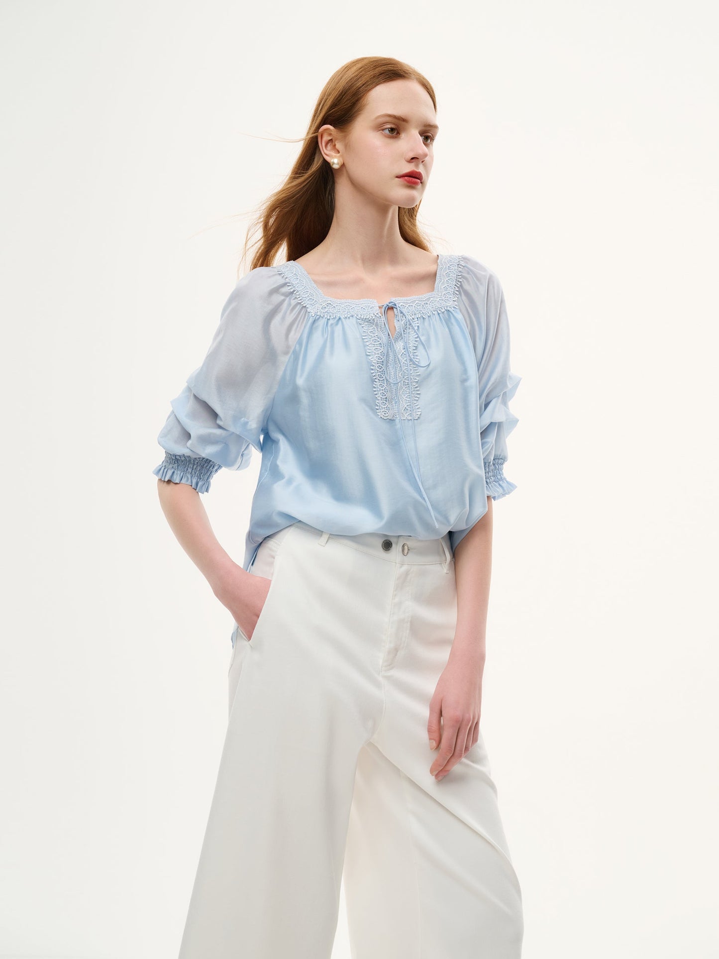 Tencel Blend Embroidered Square Neck Women Blouse