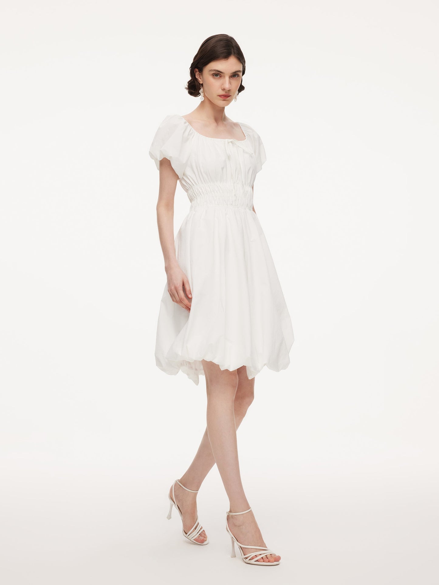 Quick-Dry UV Protection Square Neck Women Bubble Hem Mini Dress With Scrunchie