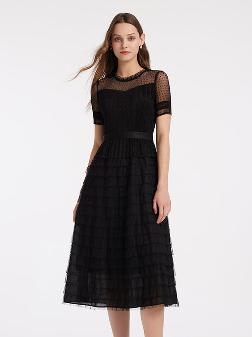 Short Sleeve Tulle Tiered Maxi Dress