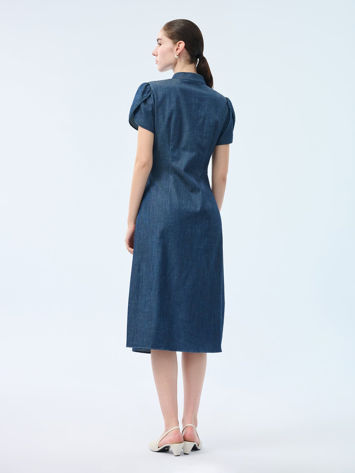 Tencel Blend Denim Side Twist Women Qipao Midi Dress