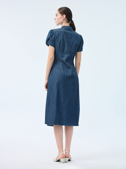 Tencel Blend Denim Side Twist Women Qipao Midi Dress