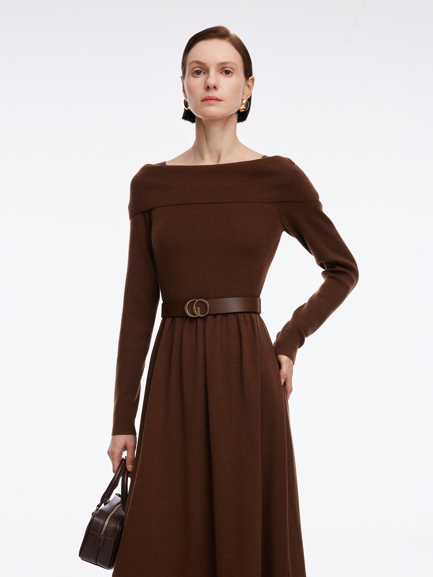 Tencel Wool Blend Boat Neck Women Knit Maxi Dress With Leather Belt