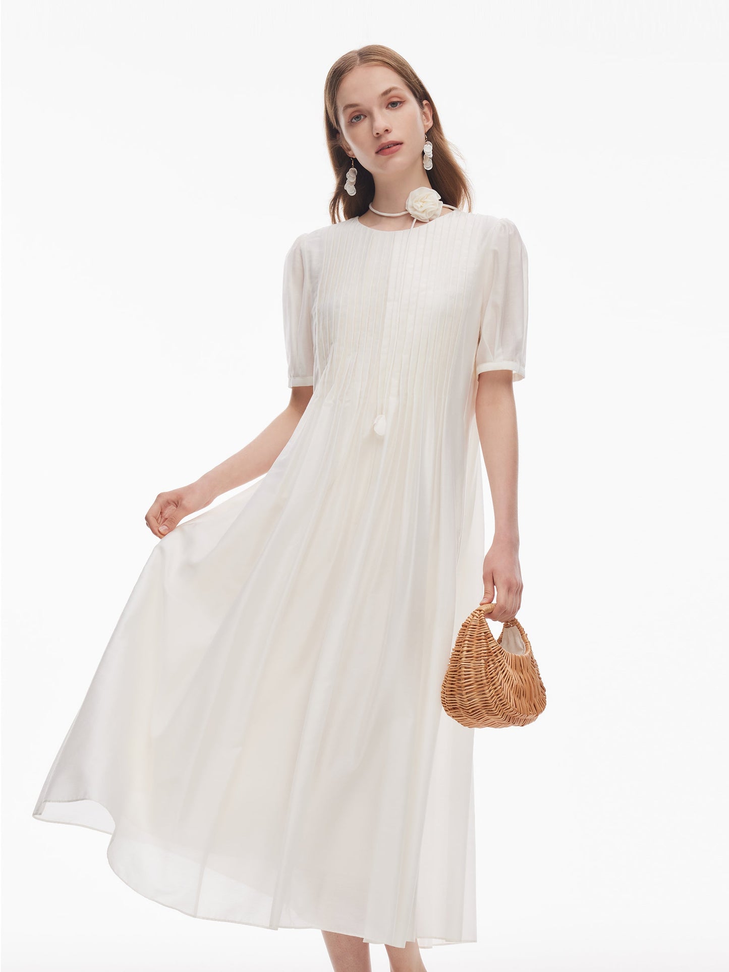 Tencel Blend Pleated Women Loose A-Line Maxi Dress