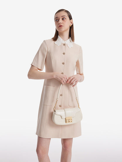 Acetate Single-Breasted Women Mini Dress With Detachable Lace Collar