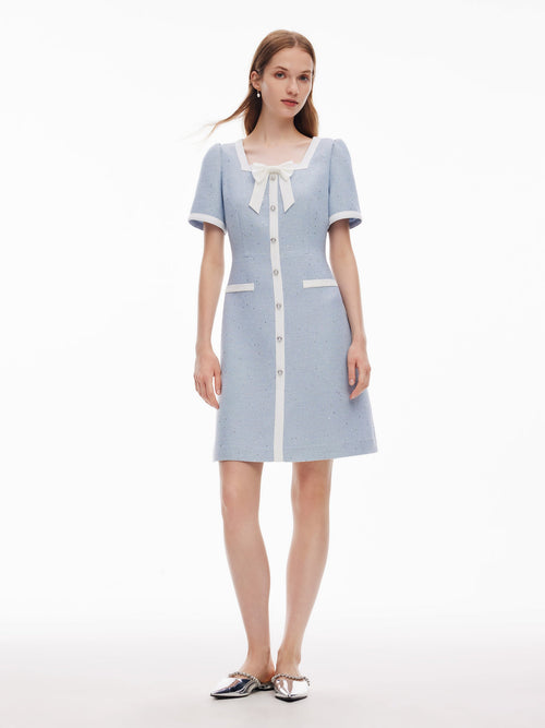 Acetate Blend Sequins Tweed Contrast Trim Women Mini Dress