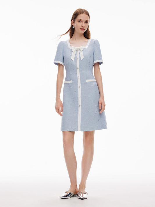Acetate Blend Sequins Tweed Contrast Trim Women Mini Dress