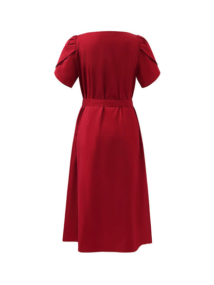 Petal Sleeves Gathered Waist V-Neck Women Midi Dress With Belt