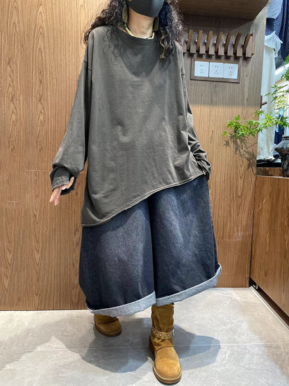 女士秋季休閒純色100%純棉圓領襯衫