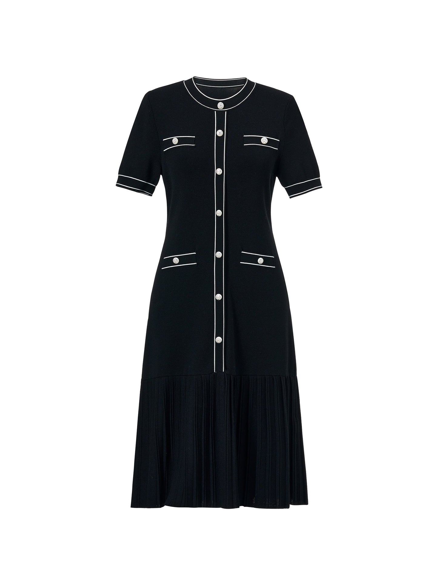 Tencel Blend Contrast Trim Women Pleated Hem Knit Mini Dress