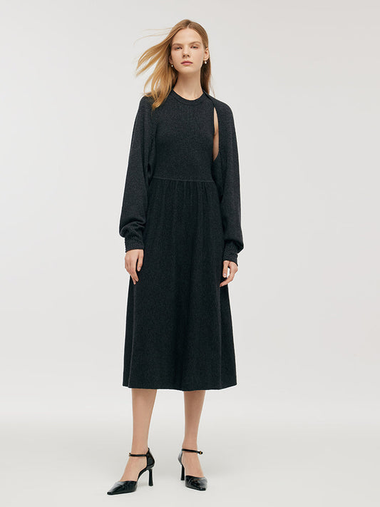Wool Blend Multi-purpose Scarf And Sleeveless Knitted Midi Dress Two-Piece Set