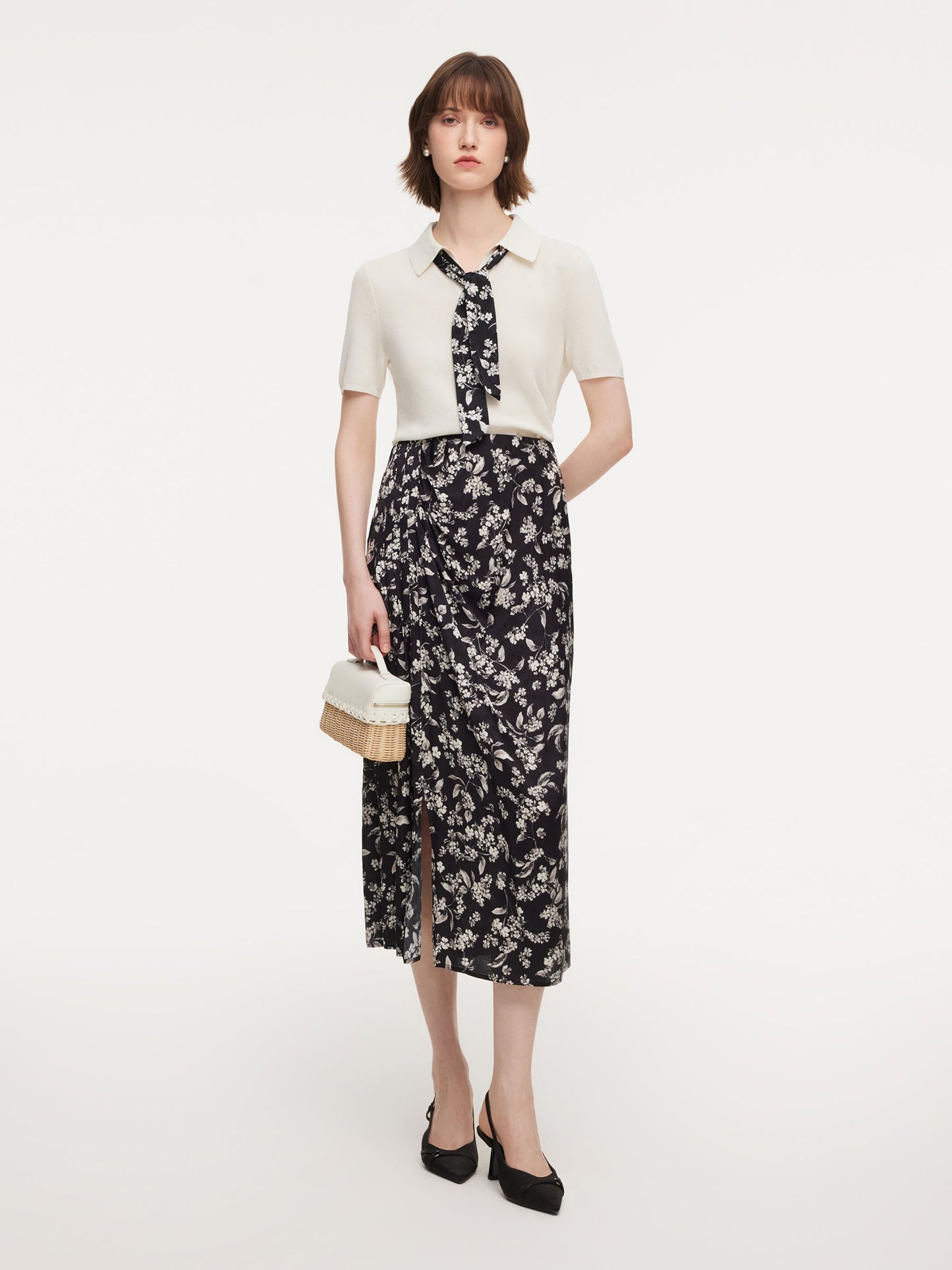Floral Print Side Slit Twist Front Women H-Line Skirt