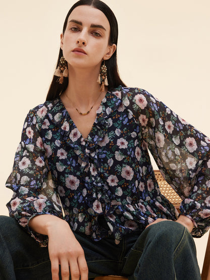 10MM Mulberry Silk Floral Print Women Ruffle V-Neck Blouse