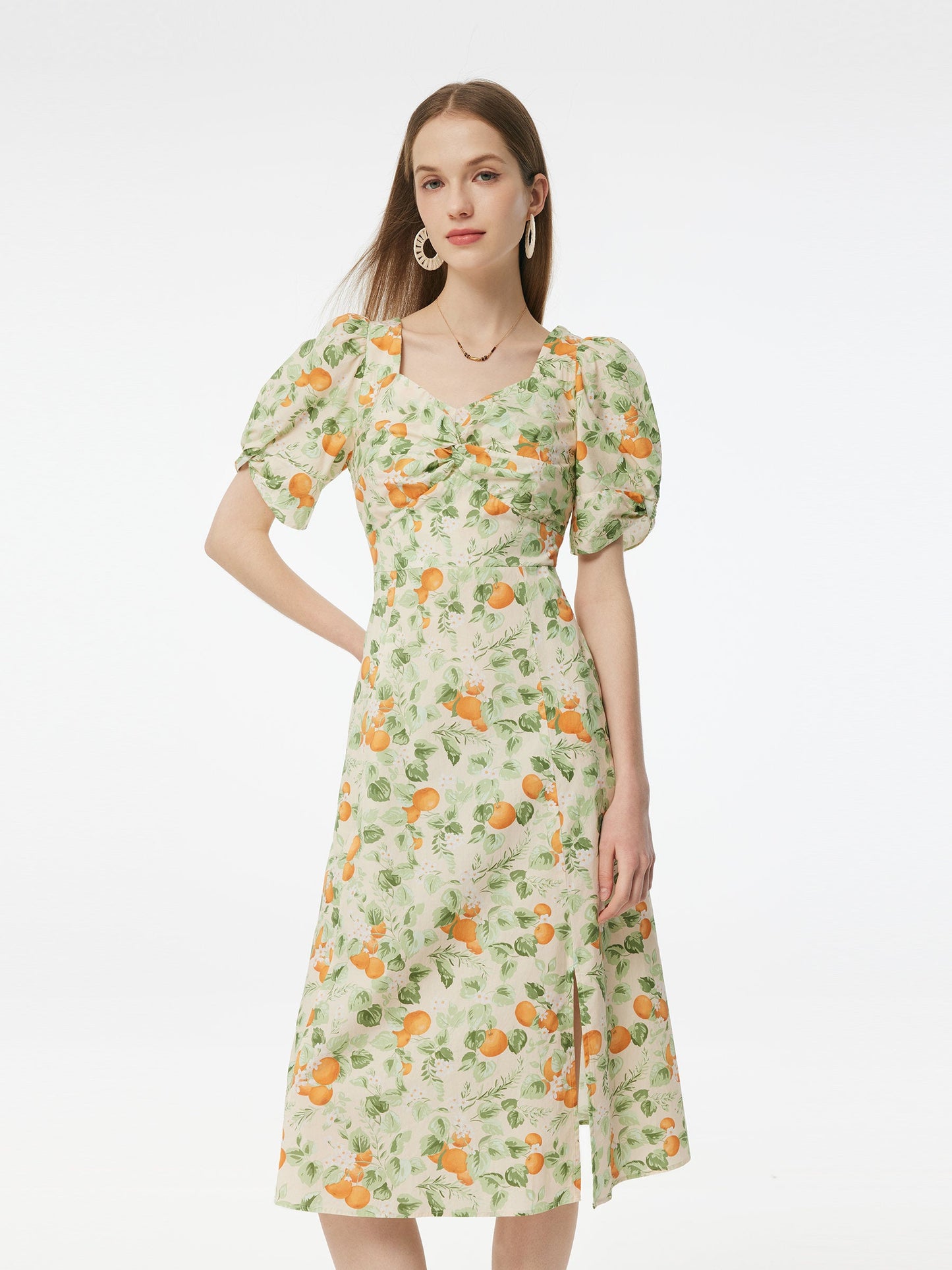 Cotton Floral Print Twist Front Women Midi Dress