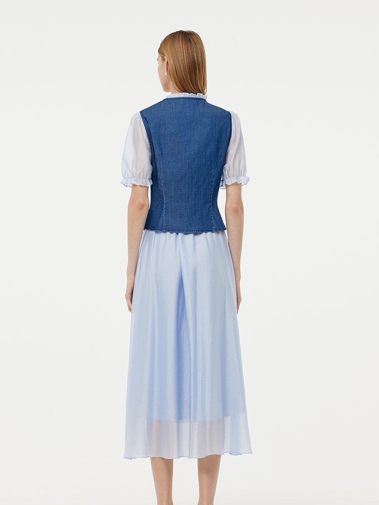 Denim Lyocell Patchwork Crop Jacket And Skirt Two-Piece Set