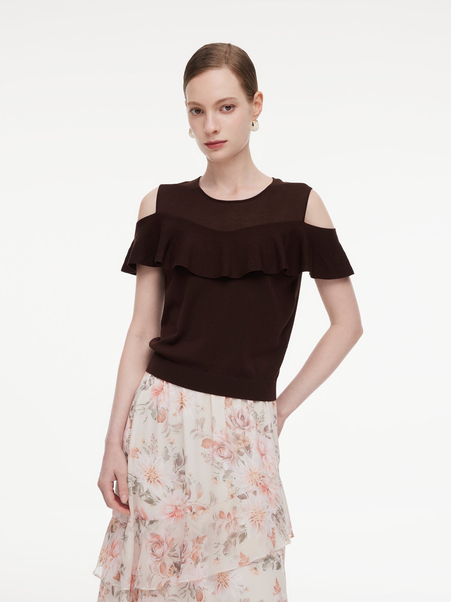 Tencel Blend Ruffle Cold Shoulder Women Knit Top