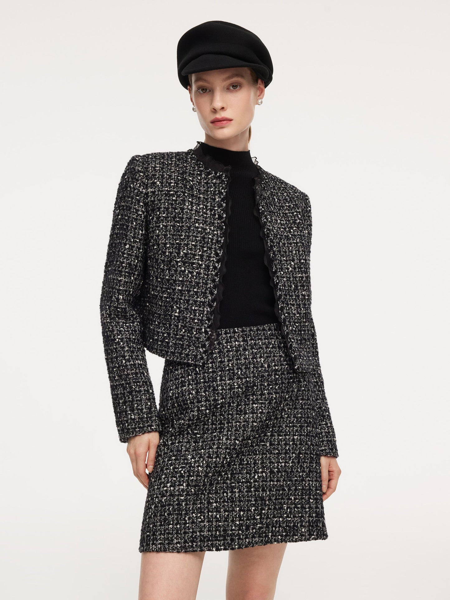 Wool Blend Tweed Cropped Jacket And Skirt Two-Piece Set