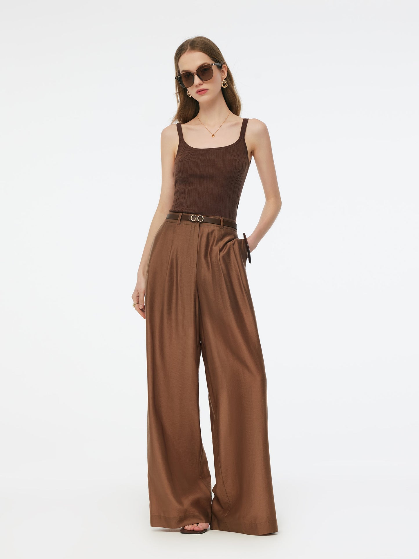 Tencel Blend Women Wide Leg Pants With GO Letter Leather Belt