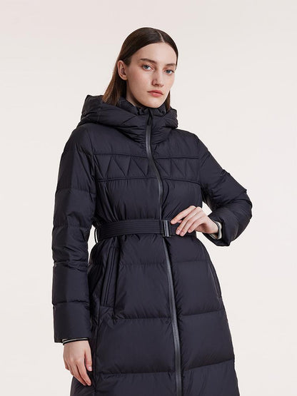 Hooded Long Goose Down Garment With Belt