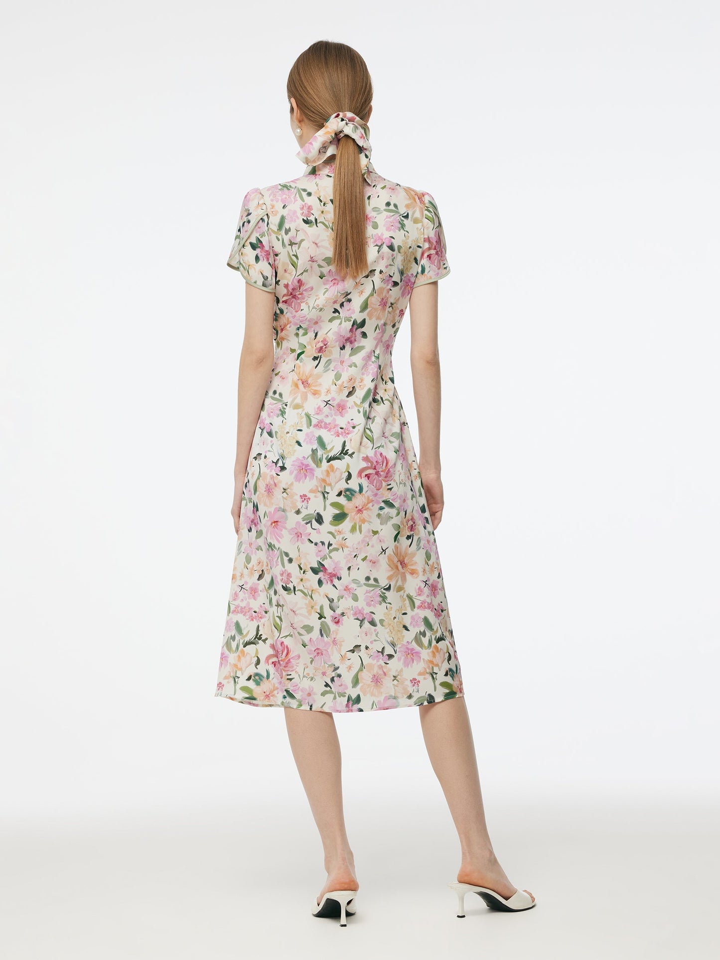 19MM Mulberry Silk Floral Print Side Twist Women Qipao Midi Dress