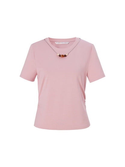Cotton Side Twist Women T-Shirt With Detachable Beaded Chain