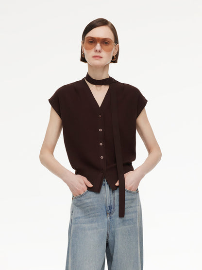 [Preview] Lyocell Blend V-Neck Women Knit Top With Ribbon