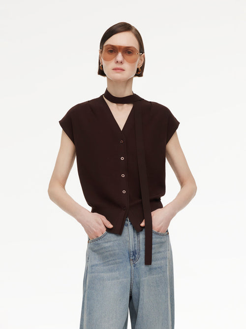 [Preview] Lyocell Blend V-Neck Women Knit Top With Ribbon