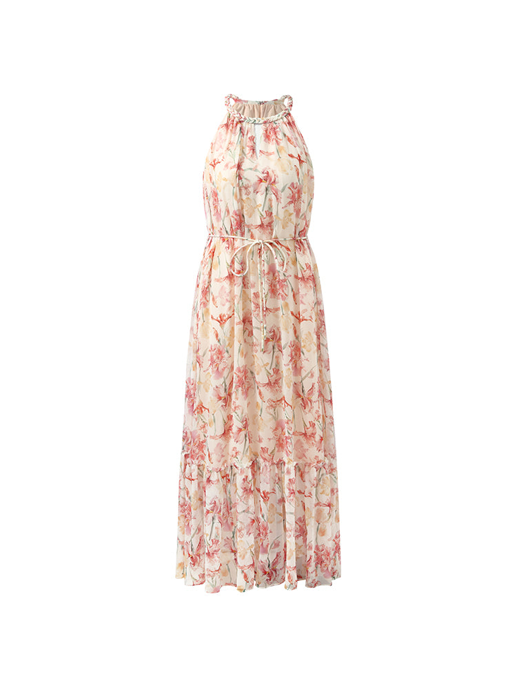 10 Momme Mulberry Silk Iris Print Halter Ruffle Women Maxi Dress