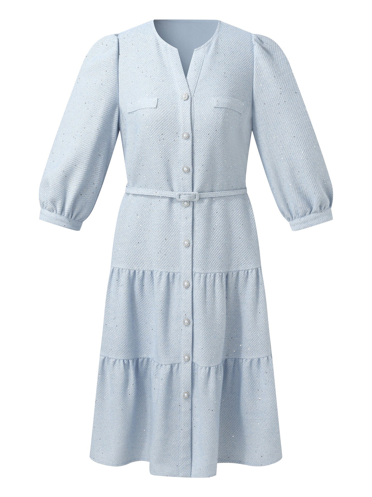 Acetate Blend Tweed Sequins Women Midi Dress With Belt