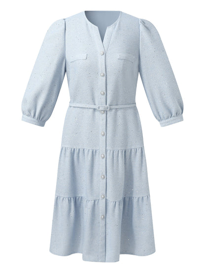 Acetate Blend Tweed Sequins Women Midi Dress With Belt