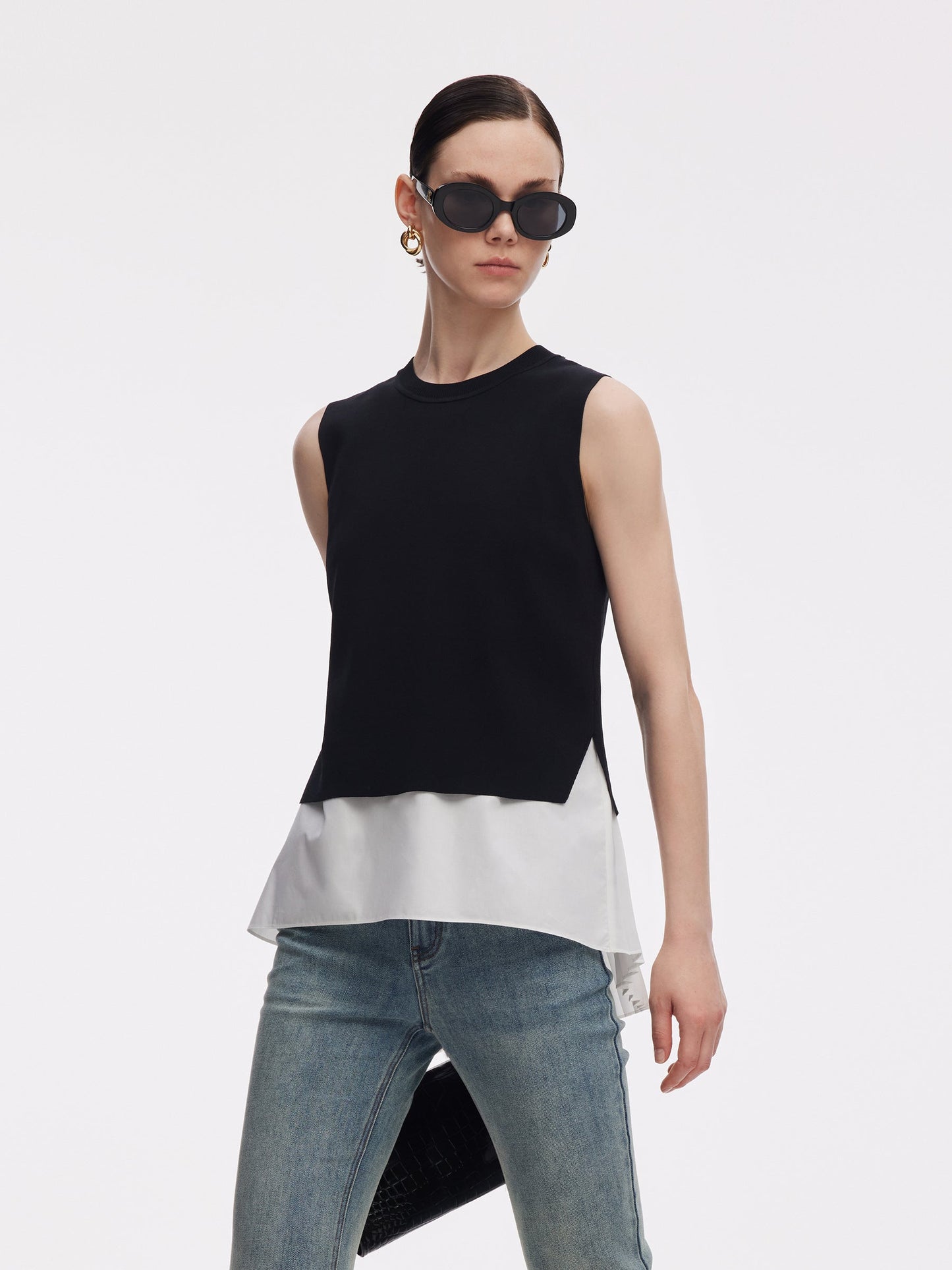 Lyocell Blend Knit Tank Top And Back Pleated Blouse Two-Piece Set