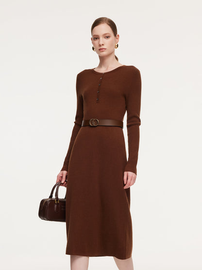 Tencel Wool Blend Women Midi Dress With Leather Belt