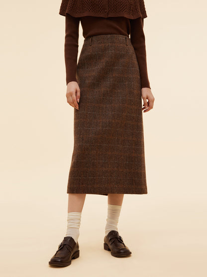 100% Wool Plaid Women Column Skirt