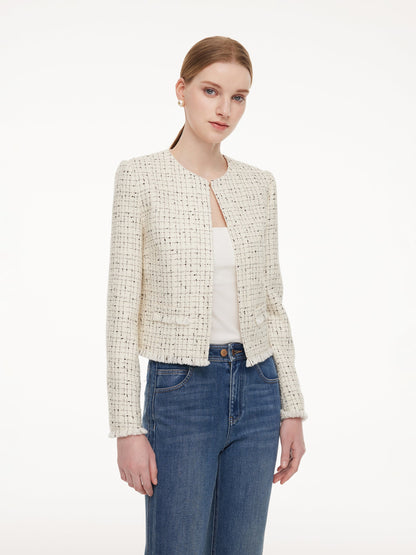 Wool Blend Tweed Frayed Hem Women Jacket