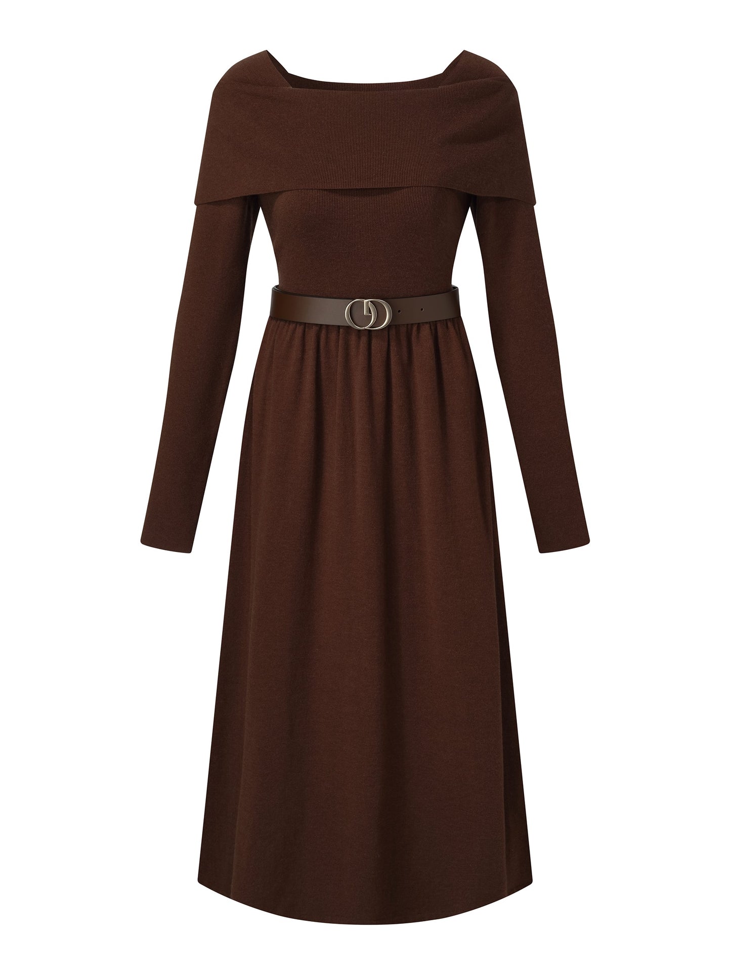 Tencel Wool Blend Boat Neck Women Knit Maxi Dress With Leather Belt