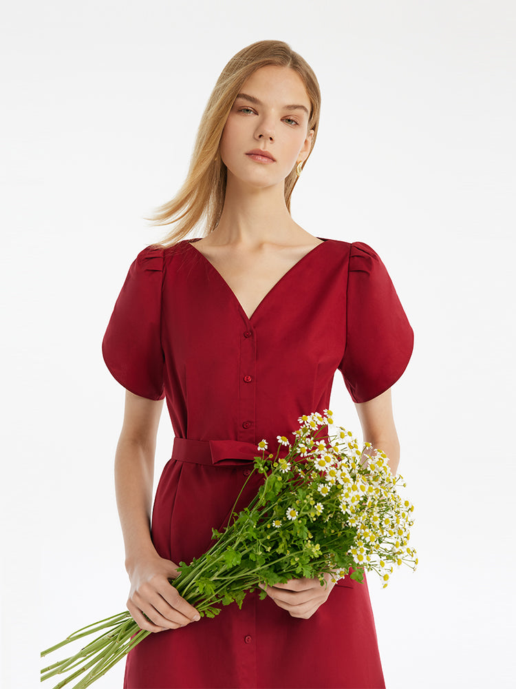 Petal Sleeves Gathered Waist V-Neck Women Midi Dress With Belt