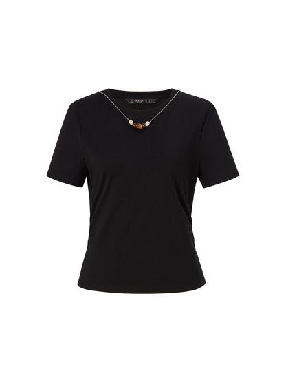 Cotton Side Twist Women T-Shirt With Detachable Beaded Chain