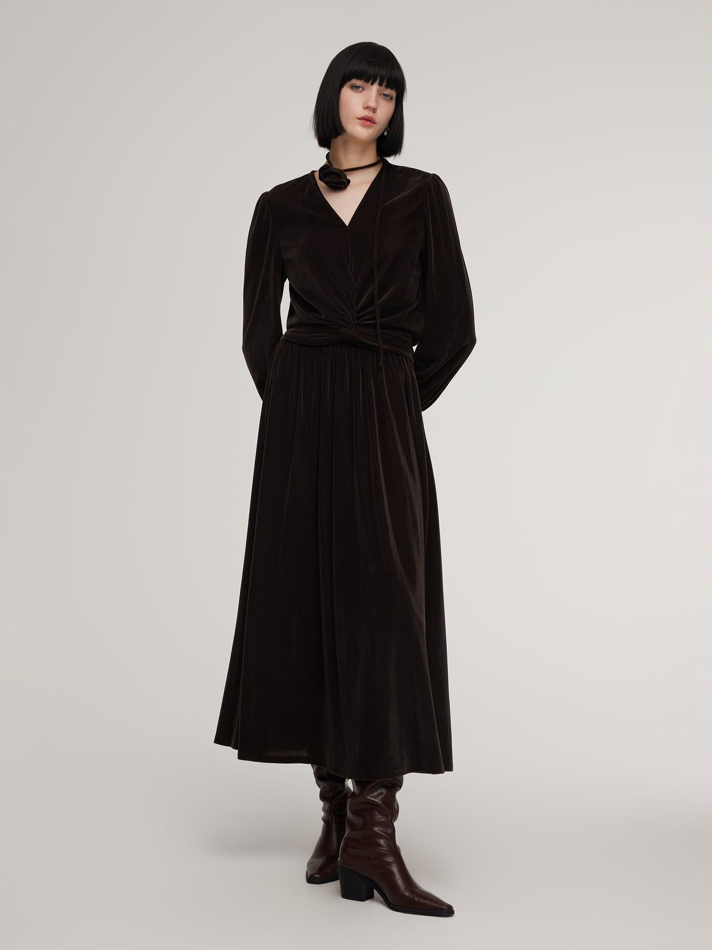 Velvet Twist Front Knit Top And Skirt Two-Piece Set With Floral Ribbon